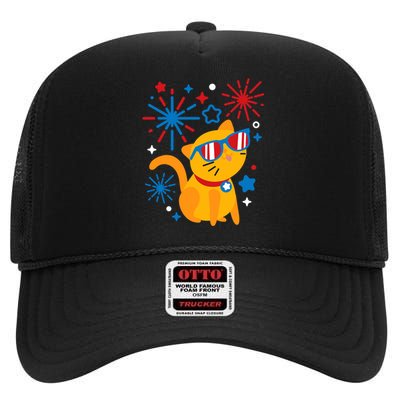 Cat Kitty Fireworks Funny 4th Of July Independence Day Gift High Crown Mesh Back Trucker Hat