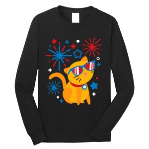 Cat Kitty Fireworks Funny 4th Of July Independence Day Gift Long Sleeve Shirt