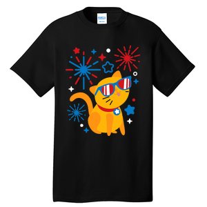 Cat Kitty Fireworks Funny 4th Of July Independence Day Gift Tall T-Shirt