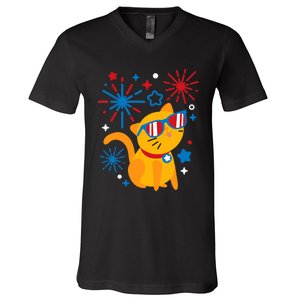 Cat Kitty Fireworks Funny 4th Of July Independence Day Gift V-Neck T-Shirt