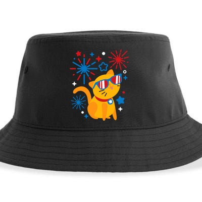 Cat Kitty Fireworks Funny 4th Of July Independence Day Gift Sustainable Bucket Hat