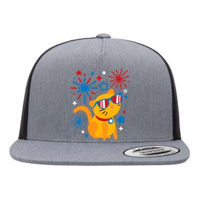 Cat Kitty Fireworks Funny 4th Of July Independence Day Gift Flat Bill Trucker Hat