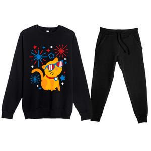 Cat Kitty Fireworks Funny 4th Of July Independence Day Gift Premium Crewneck Sweatsuit Set