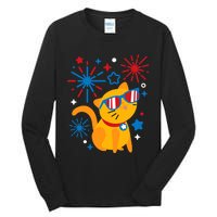 Cat Kitty Fireworks Funny 4th Of July Independence Day Gift Tall Long Sleeve T-Shirt