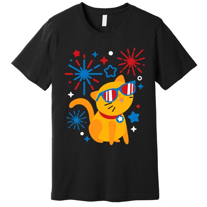 Cat Kitty Fireworks Funny 4th Of July Independence Day Gift Premium T-Shirt