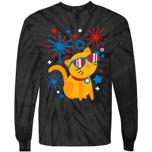 Cat Kitty Fireworks Funny 4th Of July Independence Day Gift Tie-Dye Long Sleeve Shirt