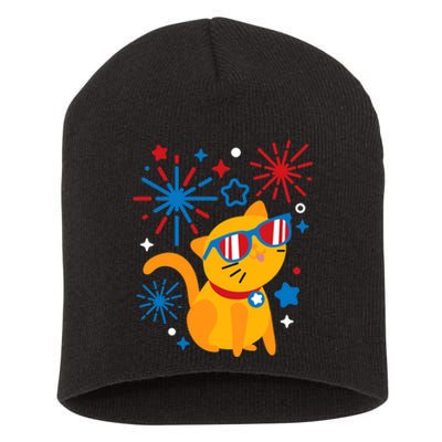 Cat Kitty Fireworks Funny 4th Of July Independence Day Gift Short Acrylic Beanie