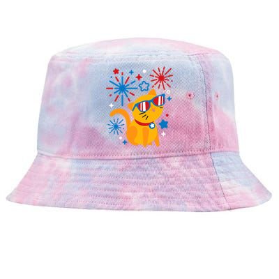 Cat Kitty Fireworks Funny 4th Of July Independence Day Gift Tie-Dyed Bucket Hat