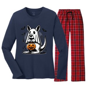 Cute Kangaroo Ghost Funny Halloween Trick Or Treat Women's Long Sleeve Flannel Pajama Set 