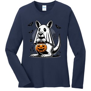 Cute Kangaroo Ghost Funny Halloween Trick Or Treat Ladies Long Sleeve Shirt