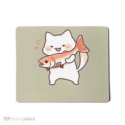 Cute Kawaii Happy Cat with Salmon Fish Mousepad