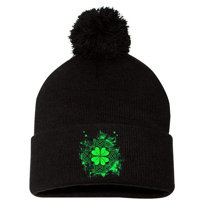 Celtic Knot Irish Shamrock Three Leaf Clover St Patricks Day Pom Pom 12in Knit Beanie