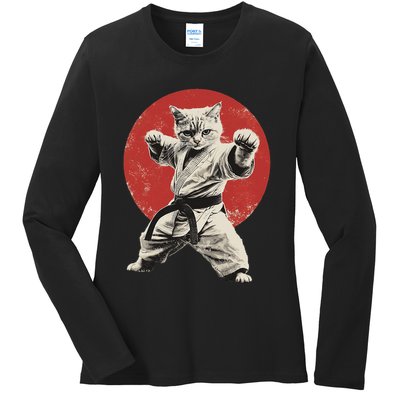 Cat Karate Judo Japan Japanese Flag Funny Ladies Long Sleeve Shirt