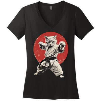 Cat Karate Judo Japan Japanese Flag Funny Women's V-Neck T-Shirt