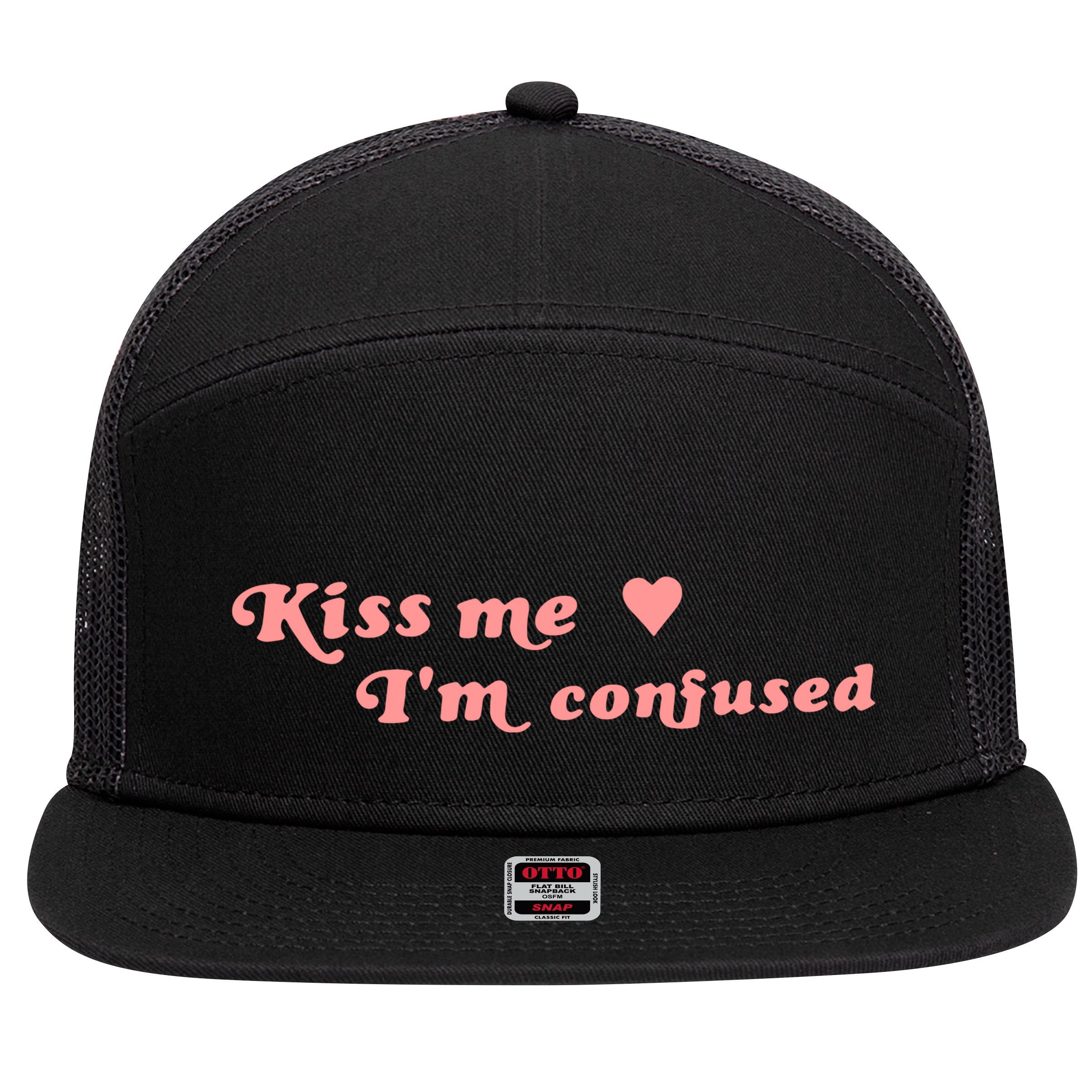 Cherry Kitten Kiss Me IM Confused Heart 7 Panel Mesh Trucker Snapback Hat