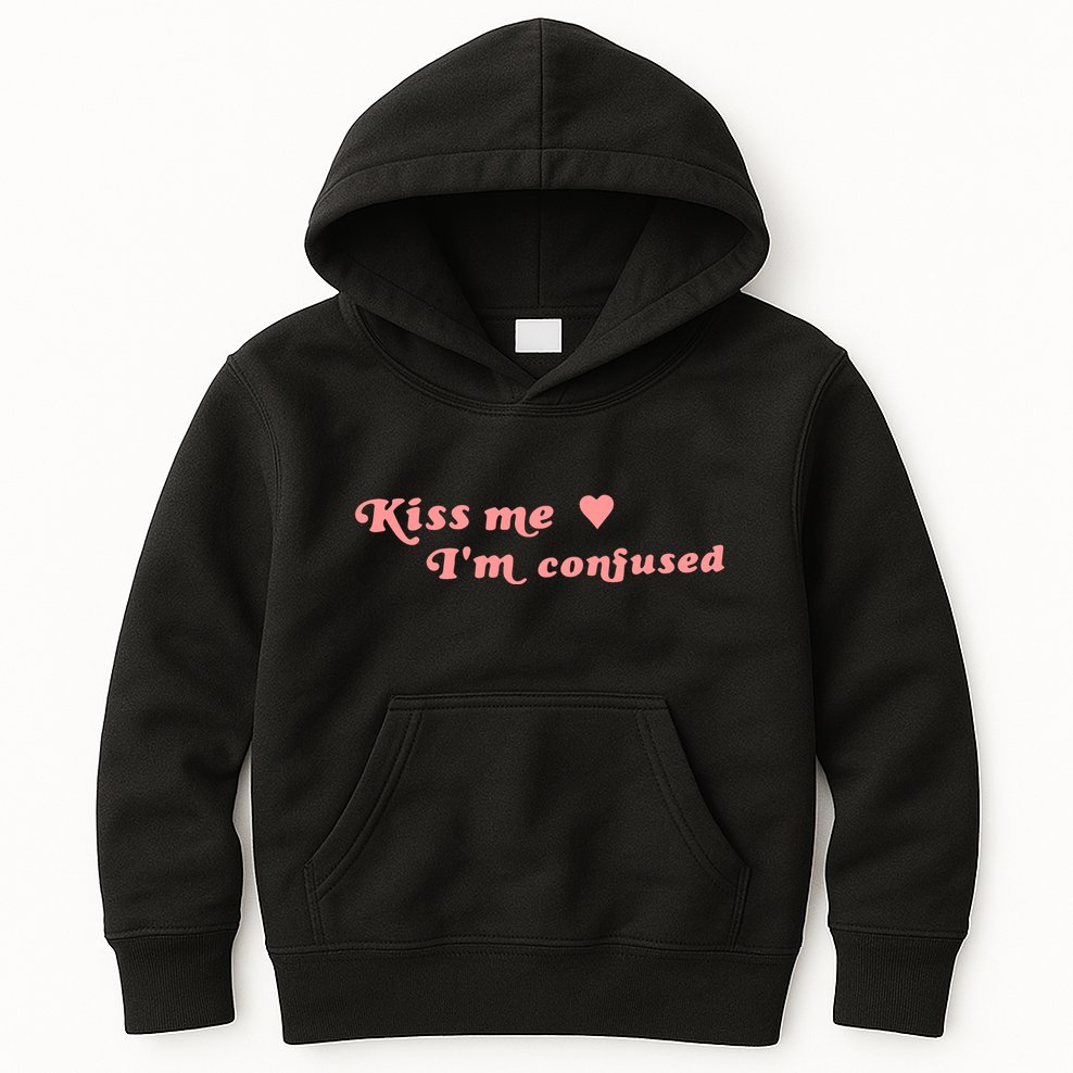 Cherry Kitten Kiss Me IM Confused Heart Kids Hoodie