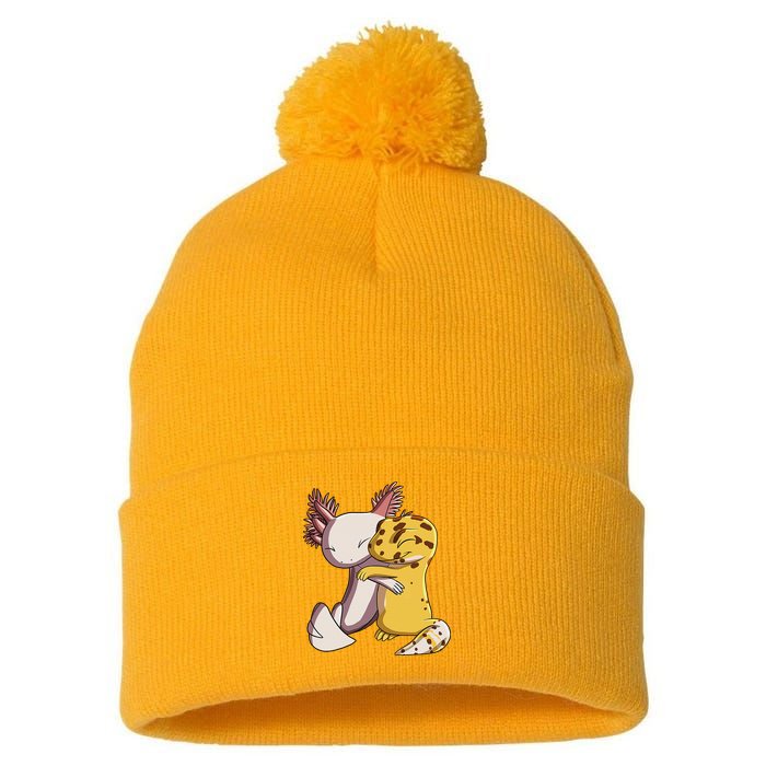 Cute Kawaii Leopard Gecko Hugging Axolotl Funny Pom Pom 12in Knit Beanie