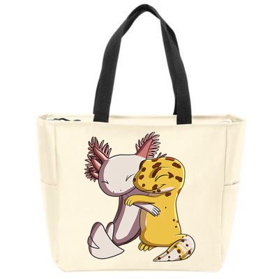 Cute Kawaii Leopard Gecko Hugging Axolotl Funny Zip Tote Bag