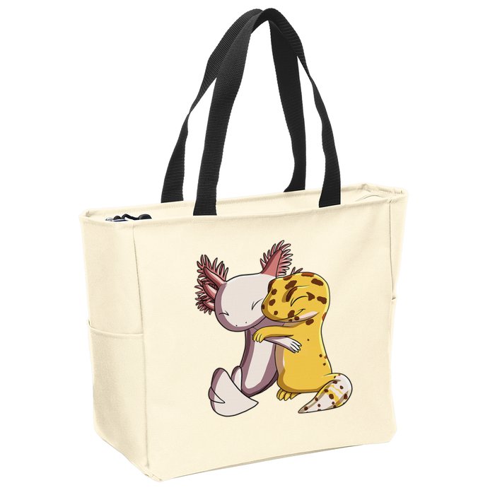 Cute Kawaii Leopard Gecko Hugging Axolotl Funny Zip Tote Bag