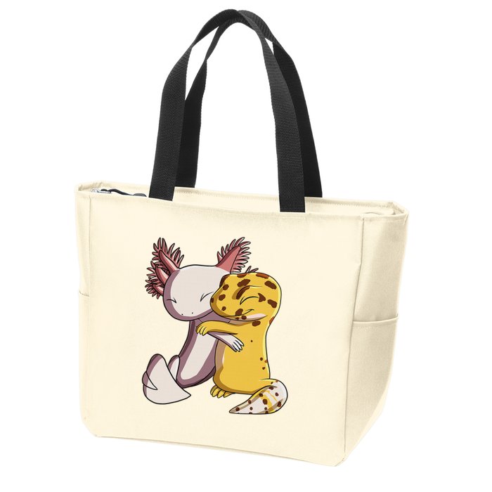 Cute Kawaii Leopard Gecko Hugging Axolotl Funny Zip Tote Bag