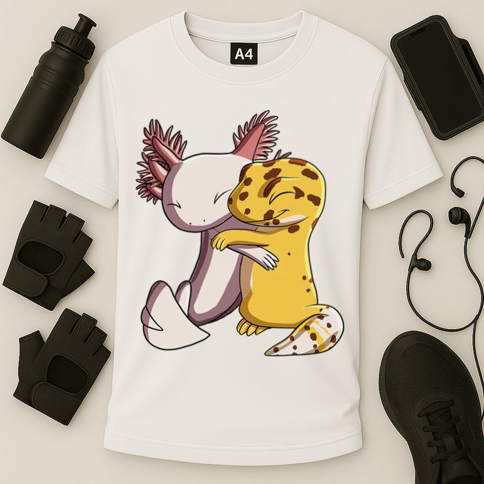 Cute Kawaii Leopard Gecko Hugging Axolotl Funny Performance Shirt