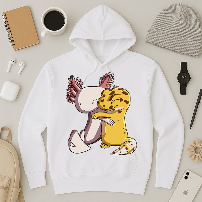 Cute Kawaii Leopard Gecko Hugging Axolotl Funny Hoodie