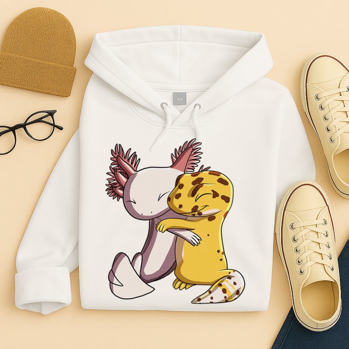 Cute Kawaii Leopard Gecko Hugging Axolotl Funny Hoodie