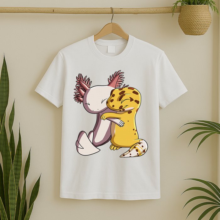 Cute Kawaii Leopard Gecko Hugging Axolotl Funny T-Shirt