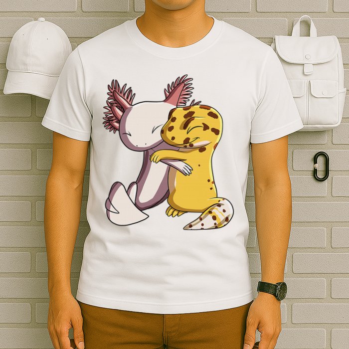 Cute Kawaii Leopard Gecko Hugging Axolotl Funny T-Shirt