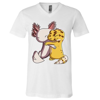 Cute Kawaii Leopard Gecko Hugging Axolotl Funny V-Neck T-Shirt