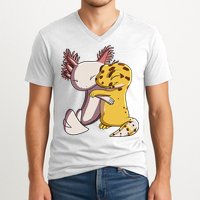 Cute Kawaii Leopard Gecko Hugging Axolotl Funny V-Neck T-Shirt