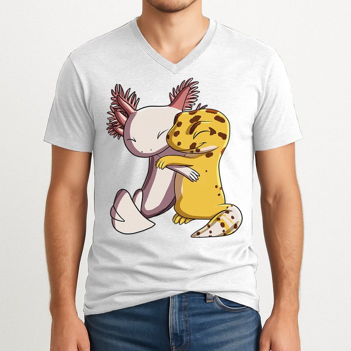 Cute Kawaii Leopard Gecko Hugging Axolotl Funny V-Neck T-Shirt