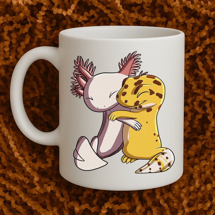 Cute Kawaii Leopard Gecko Hugging Axolotl Funny Mug