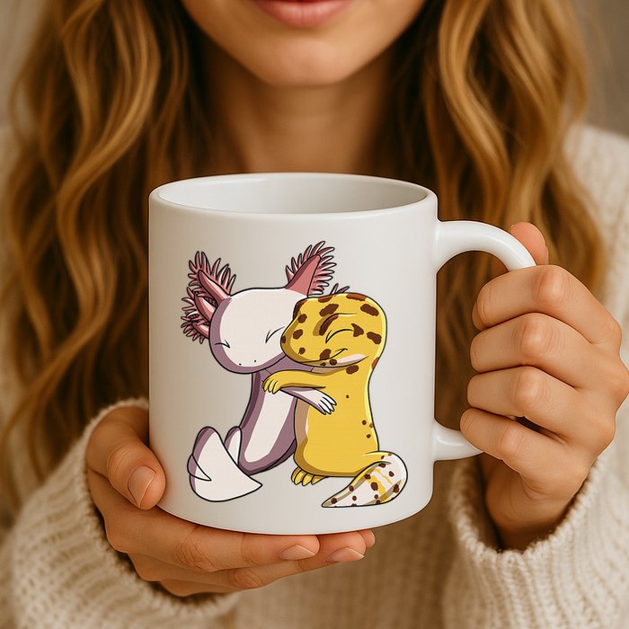 Cute Kawaii Leopard Gecko Hugging Axolotl Funny Mug
