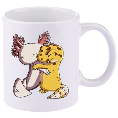 Cute Kawaii Leopard Gecko Hugging Axolotl Funny 11oz C Handle Ceramic Mug