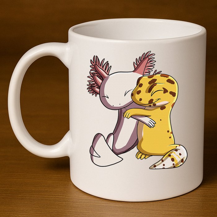 Cute Kawaii Leopard Gecko Hugging Axolotl Funny 11oz C Handle Ceramic Mug