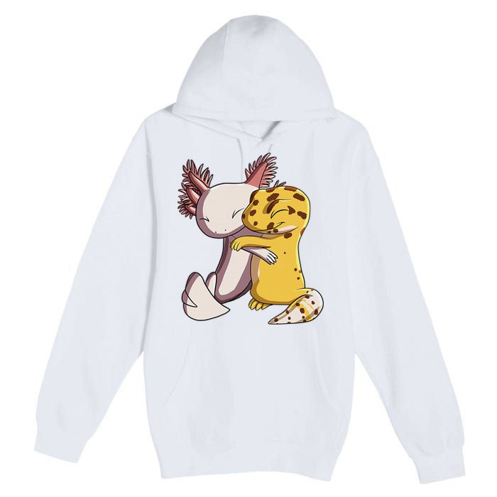Cute Kawaii Leopard Gecko Hugging Axolotl Funny Premium Pullover Hoodie