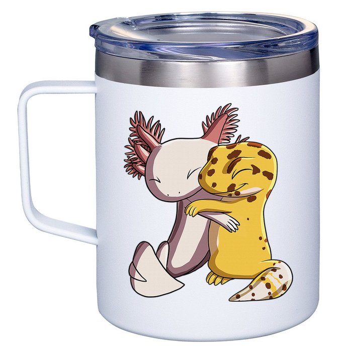 Cute Kawaii Leopard Gecko Hugging Axolotl Funny 12oz Stainless Steel Coffee Mug