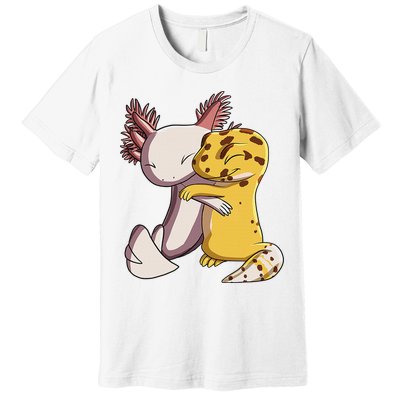Cute Kawaii Leopard Gecko Hugging Axolotl Funny Premium T-Shirt