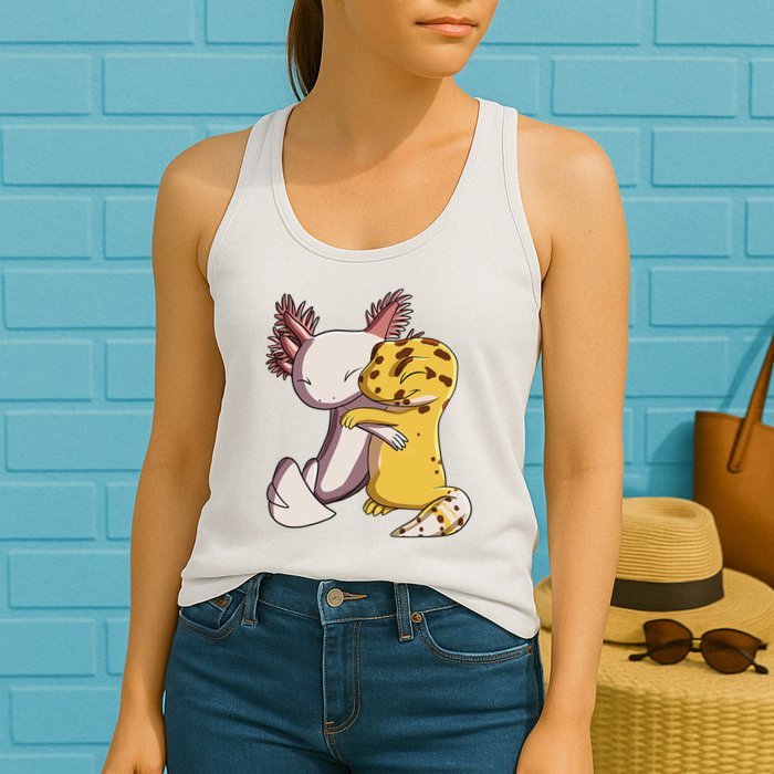 Cute Kawaii Leopard Gecko Hugging Axolotl Funny Womens Tank Top