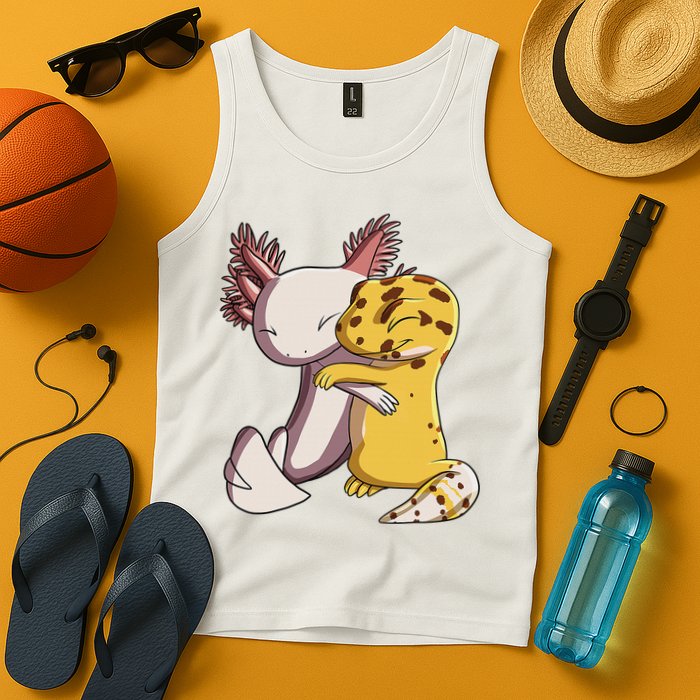 Cute Kawaii Leopard Gecko Hugging Axolotl Funny Tank Top