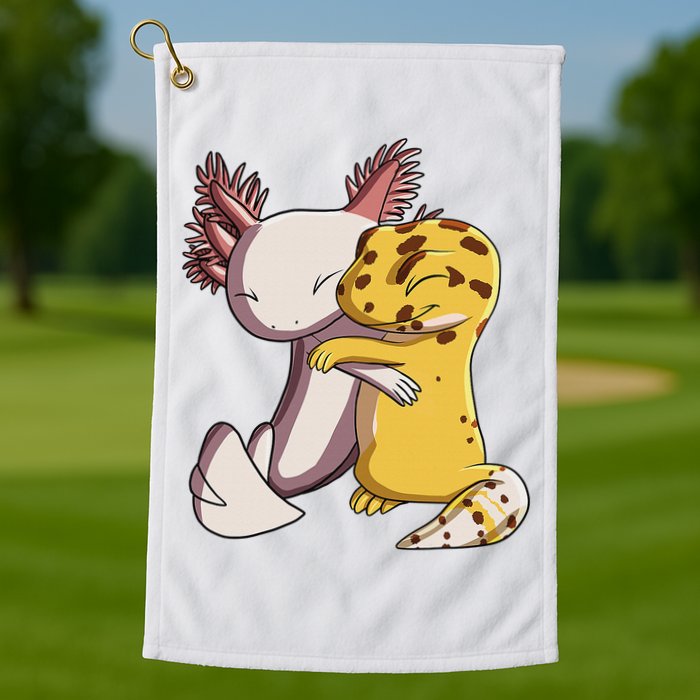 Cute Kawaii Leopard Gecko Hugging Axolotl Funny Golf Towel