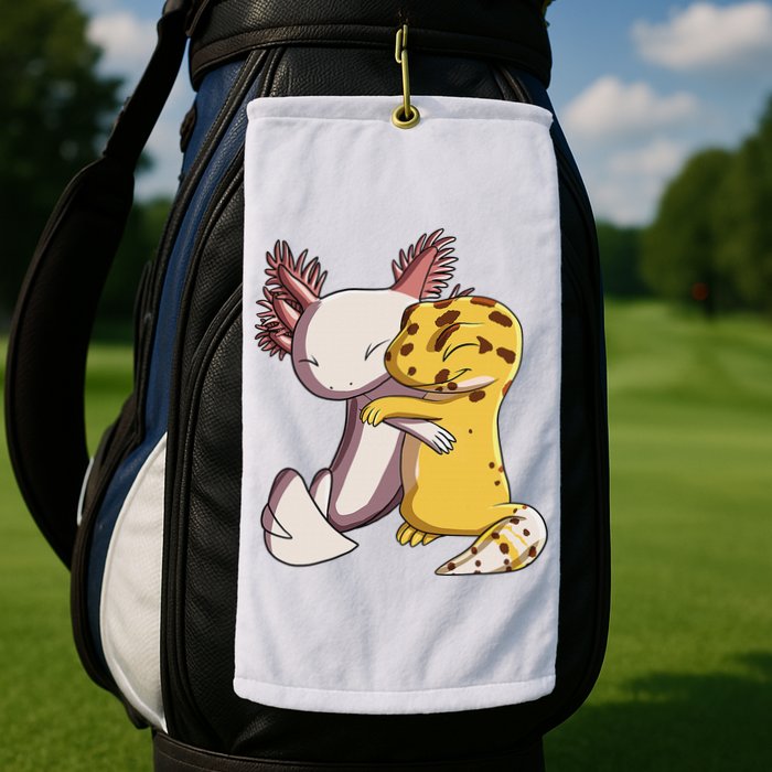 Cute Kawaii Leopard Gecko Hugging Axolotl Funny Golf Towel