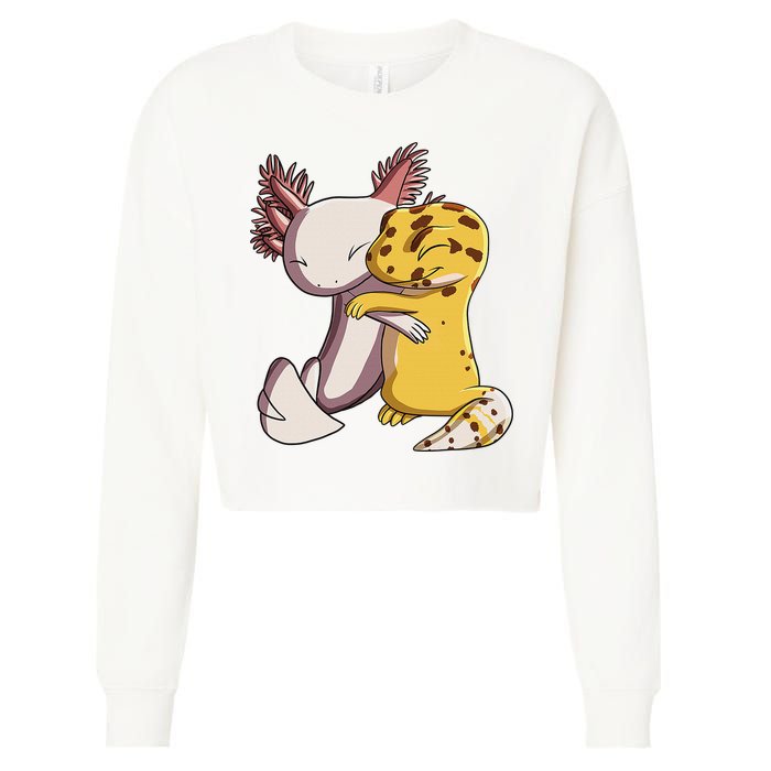 Cute Kawaii Leopard Gecko Hugging Axolotl Funny Cropped Pullover Crew