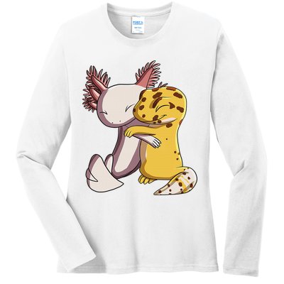 Cute Kawaii Leopard Gecko Hugging Axolotl Funny Ladies Long Sleeve Shirt