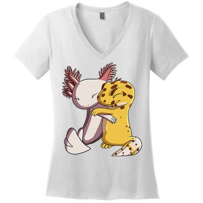 Cute Kawaii Leopard Gecko Hugging Axolotl Funny Women's V-Neck T-Shirt