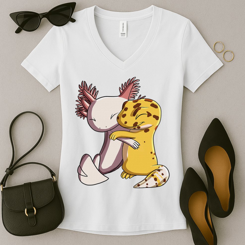 Cute Kawaii Leopard Gecko Hugging Axolotl Funny Women's V-Neck T-Shirt