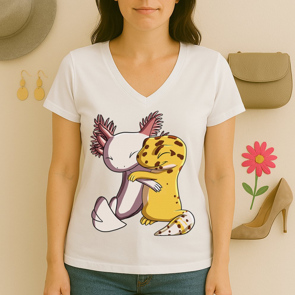 Cute Kawaii Leopard Gecko Hugging Axolotl Funny Women's V-Neck T-Shirt