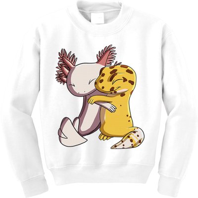 Cute Kawaii Leopard Gecko Hugging Axolotl Funny Kids Sweatshirt