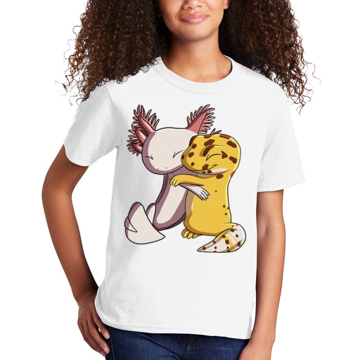 Cute Kawaii Leopard Gecko Hugging Axolotl Funny Kids T-Shirt
